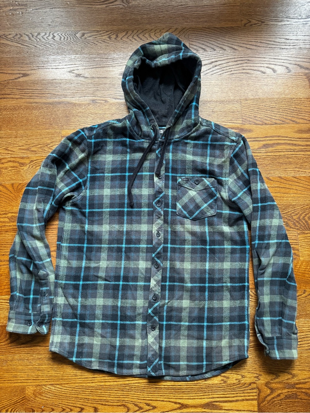 O’Neill Men’s Large Hooded Plaid Flannel Shirt Jacket Gray Blue